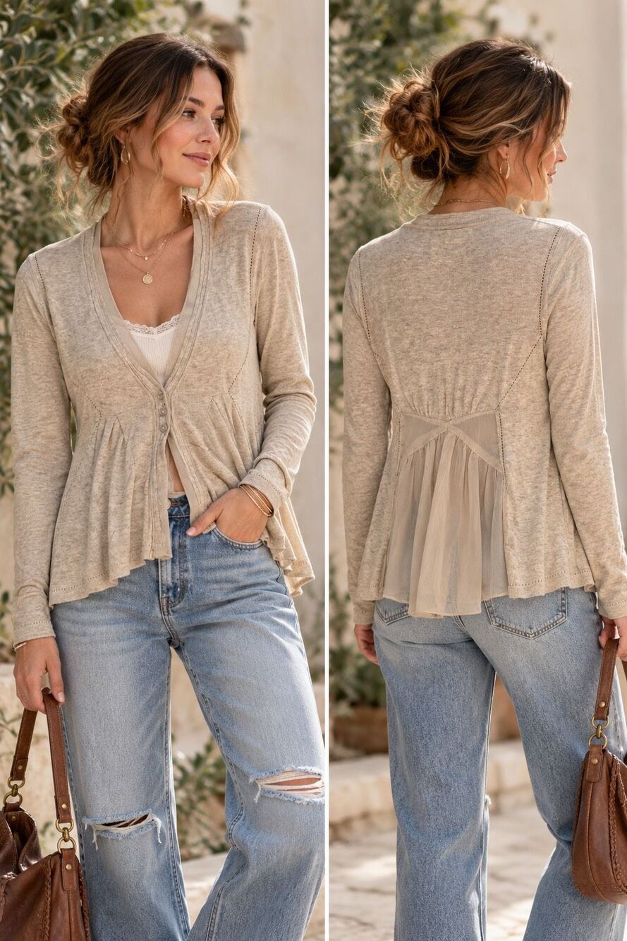 Angel of North Cardigan M Taupe Knit mixed-media Sheer Back Peplum Boho Minimali